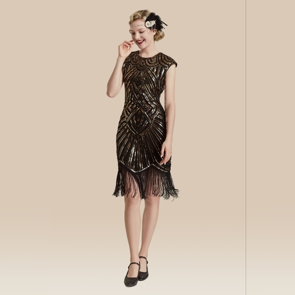 Babeyond Dresses & Skirts - Babeyond 1920s Black and Gold Sequin Beaded Flapper Dress